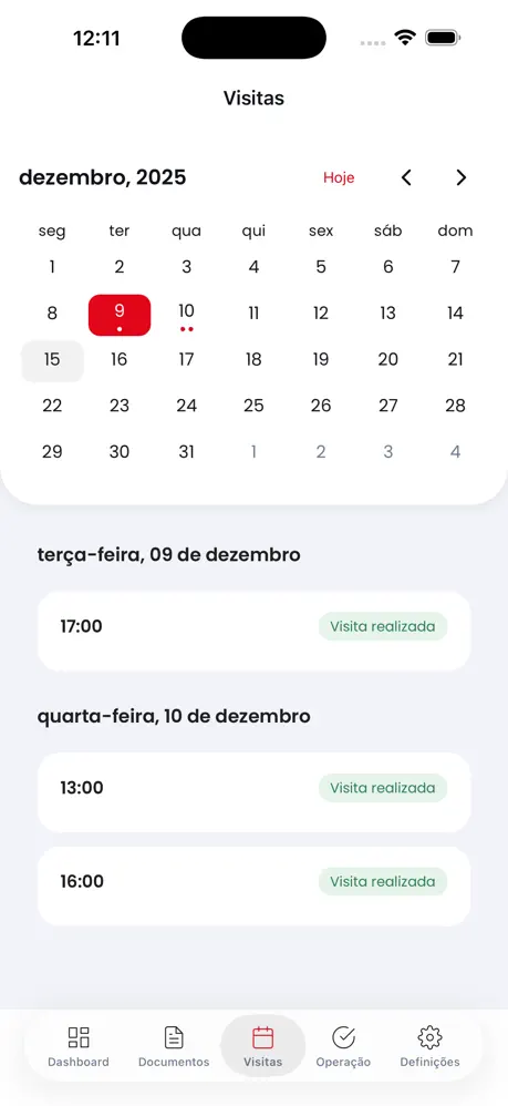 Viewings screen of the Rodolfo Natário app — property viewings calendar