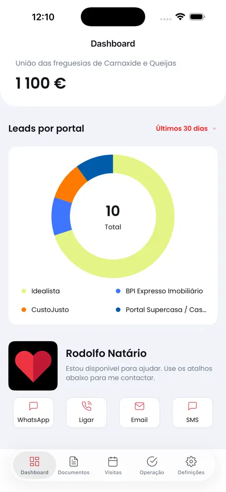 Écran principal de l'application Rodolfo Natário — suivi de la vente du bien